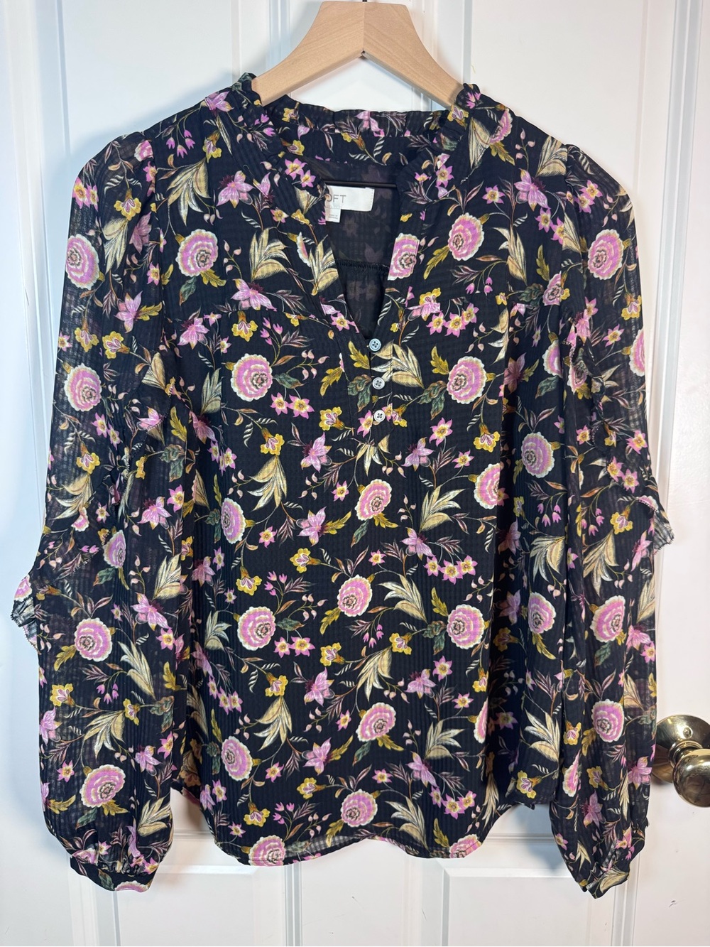LOFT Black Floral Ruffle-Neck Blouse with Pink & Yellow Print